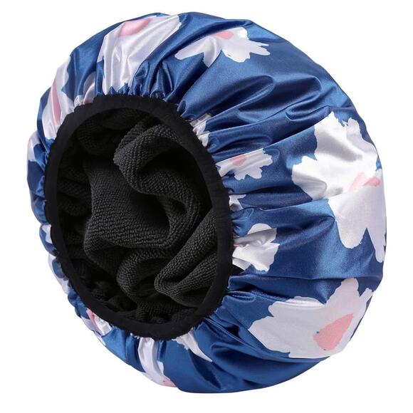 NWT Blue Floral Terry Lined Triple Layer Extra Large Reusable Shower Cap OS - Picture 2 of 7